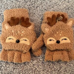 Kids Cozy Brown Reindeer Mittens - Brown